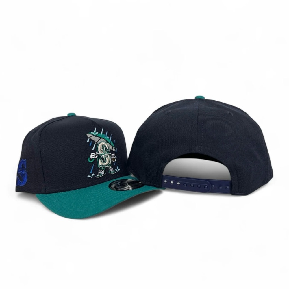 Navy Blue Seattle Mariners Teal Curved Cartoon New Era 9Fifty A- Frame Snapback - Picture 4 of 5